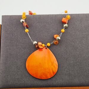 Orange Beaded Multistrand Illusion Necklace Teardrop Pendant Fairy Whimsical